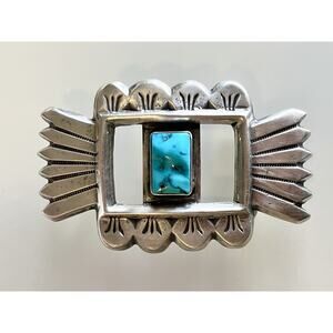 Vintage Navajo Sterling Silver Turquoise Belt Buckle 42g Sand Cast - Fan, Ketoh